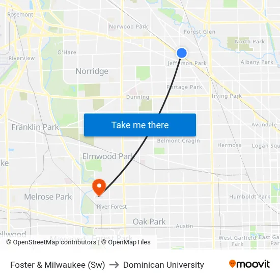 Foster & Milwaukee (Sw) to Dominican University map