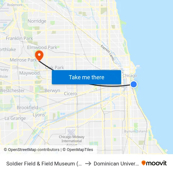 Soldier Field & Field Museum (East) to Dominican University map