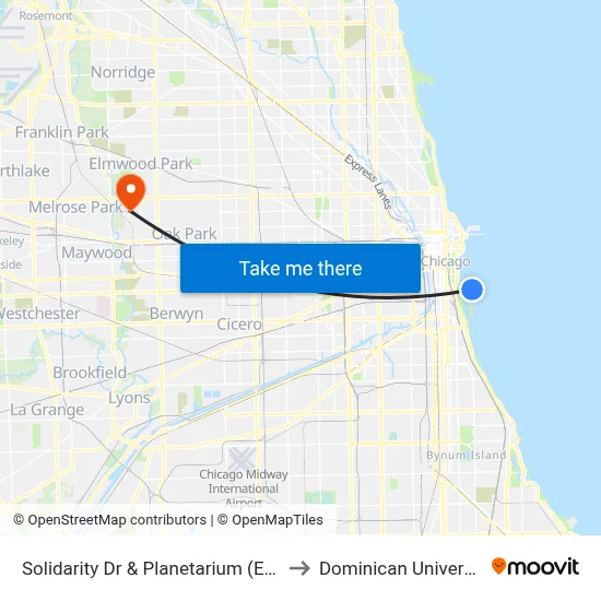 Solidarity Dr & Planetarium (East) to Dominican University map