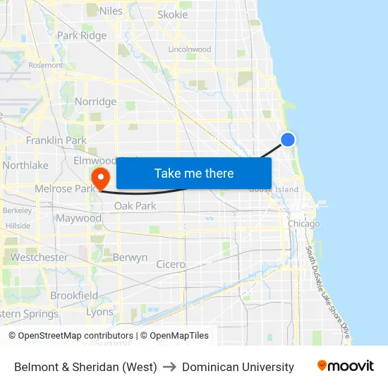 Belmont & Sheridan (West) to Dominican University map