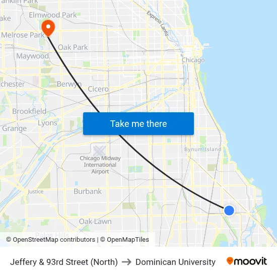 Jeffery & 93rd Street (North) to Dominican University map