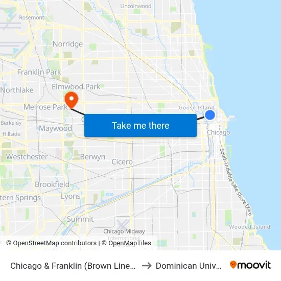 Chicago & Franklin (Brown Line) (East) to Dominican University map