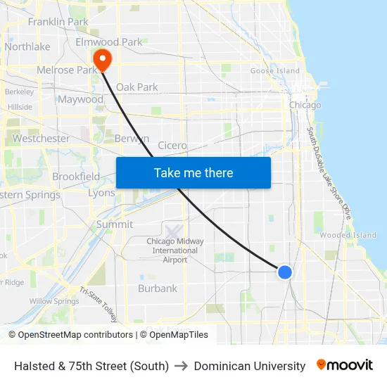 Halsted & 75th Street (South) to Dominican University map