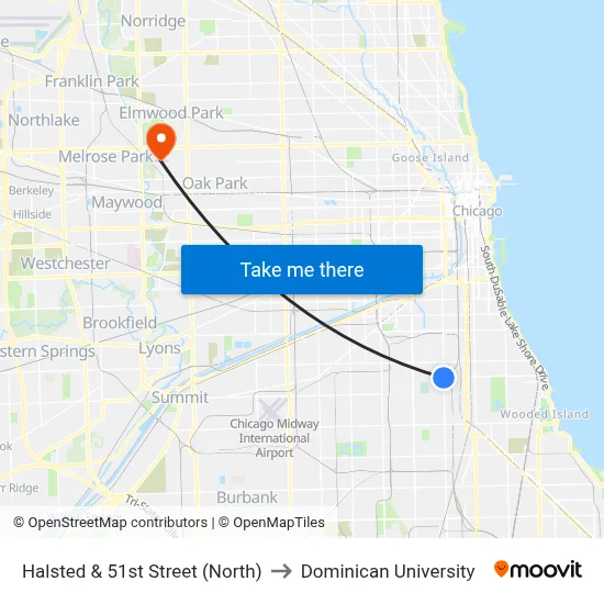 Halsted & 51st Street (North) to Dominican University map