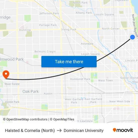 Halsted & Cornelia (North) to Dominican University map