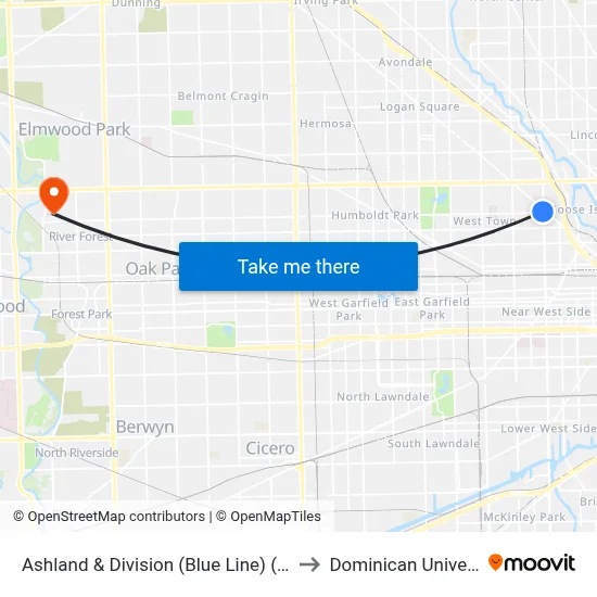 Ashland & Division (Blue Line) (South) to Dominican University map