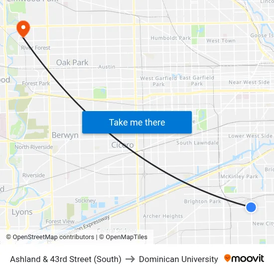 Ashland & 43rd Street (South) to Dominican University map