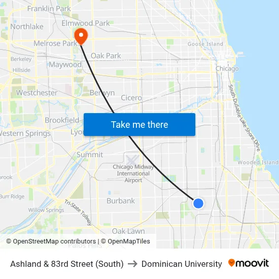 Ashland & 83rd Street (South) to Dominican University map