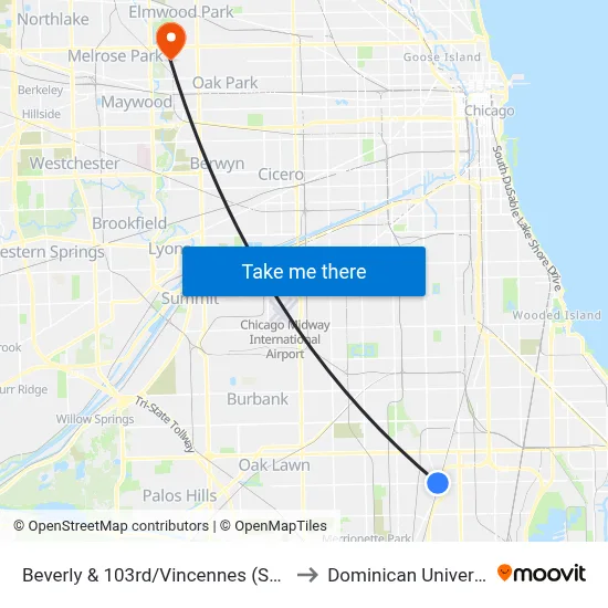 Beverly & 103rd/Vincennes (South) to Dominican University map