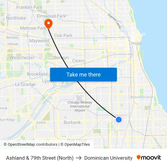 Ashland & 79th Street (North) to Dominican University map