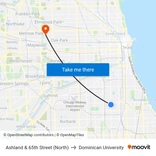 Ashland & 65th Street (North) to Dominican University map