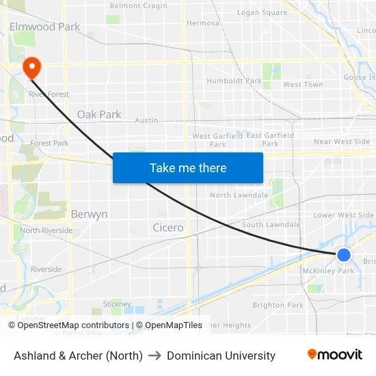 Ashland & Archer (North) to Dominican University map