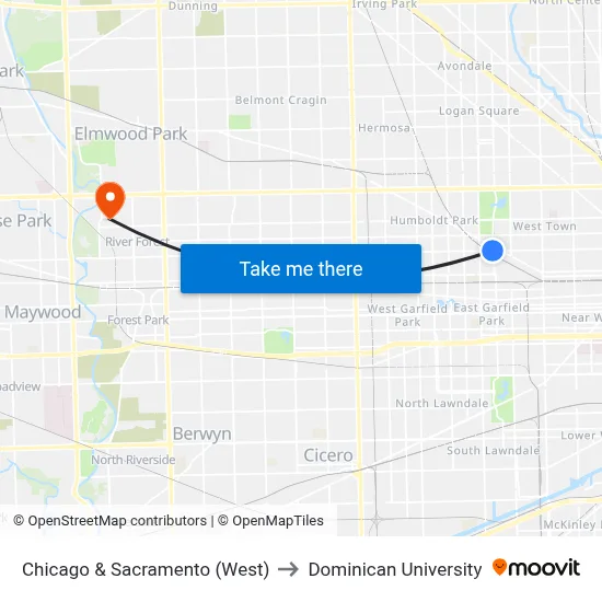 Chicago & Sacramento (West) to Dominican University map