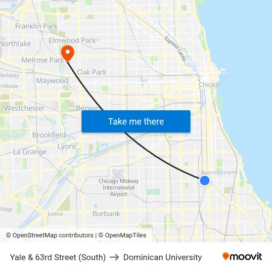 Yale & 63rd Street (South) to Dominican University map