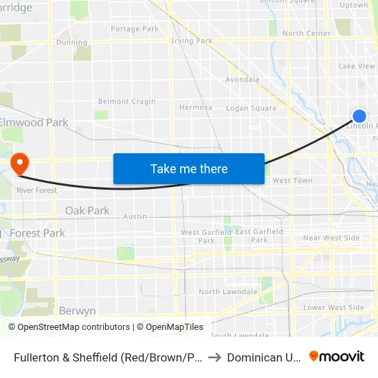 Fullerton & Sheffield (Red/Brown/Purple Line) (East) to Dominican University map