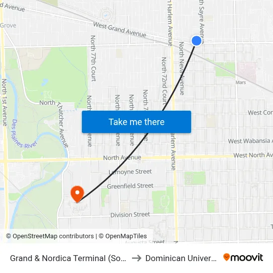 Grand & Nordica Terminal (South) to Dominican University map