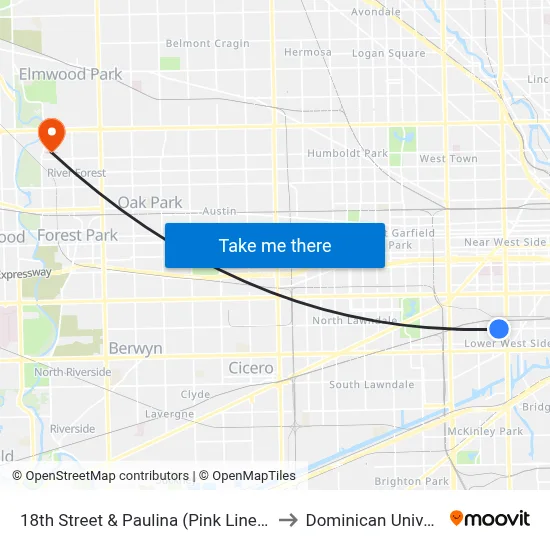 18th Street & Paulina (Pink Line) (East) to Dominican University map