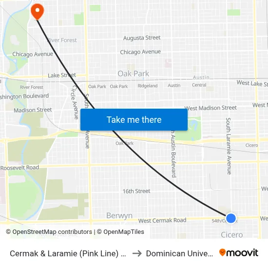 Cermak & Laramie (Pink Line) (East) to Dominican University map