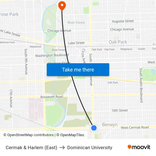 Cermak & Harlem (East) to Dominican University map