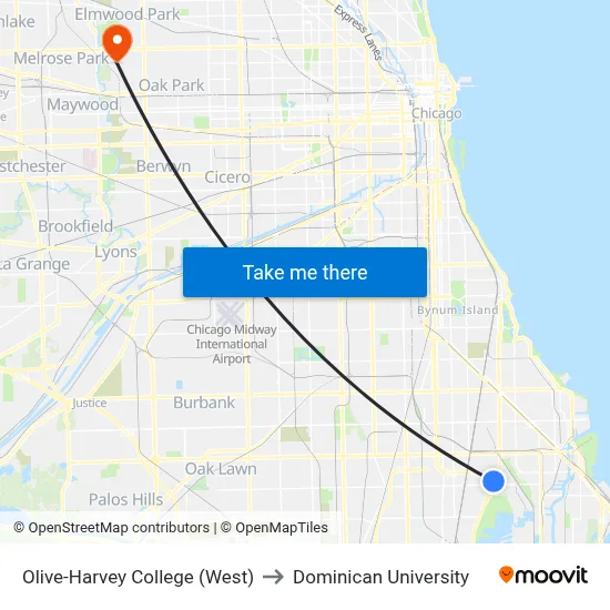 Olive-Harvey College (West) to Dominican University map