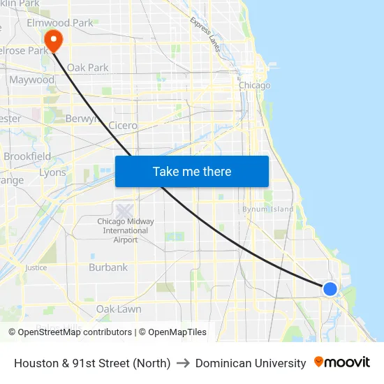 Houston & 91st Street (North) to Dominican University map