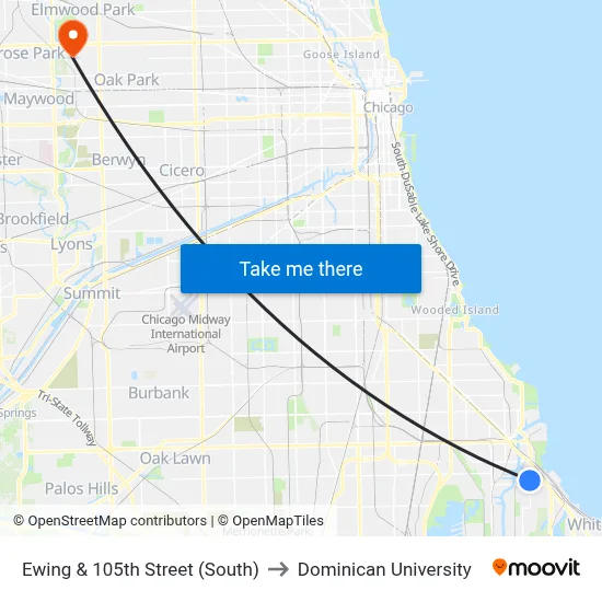 Ewing & 105th Street (South) to Dominican University map