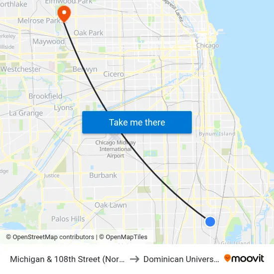 Michigan & 108th Street (North) to Dominican University map