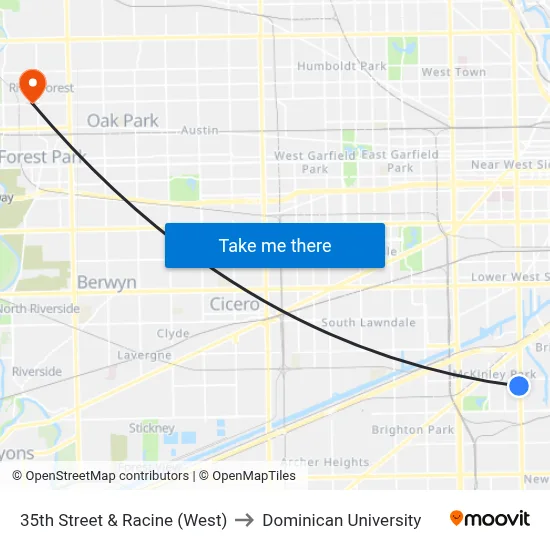35th Street & Racine (West) to Dominican University map