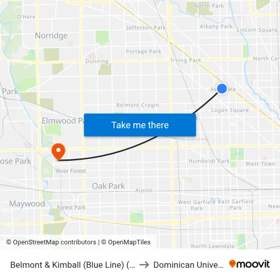Belmont & Kimball (Blue Line) (West) to Dominican University map