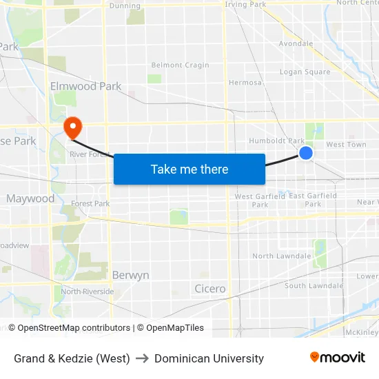 Grand & Kedzie (West) to Dominican University map