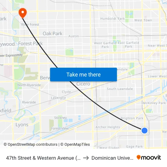 47th Street & Western Avenue (West) to Dominican University map