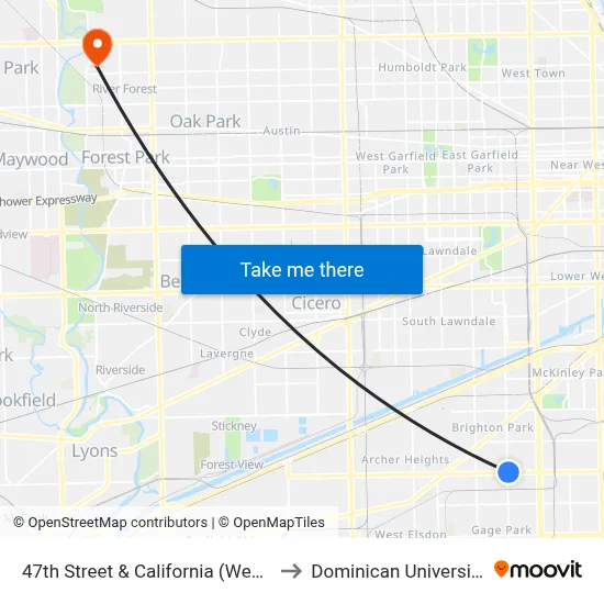 47th Street & California (West) to Dominican University map