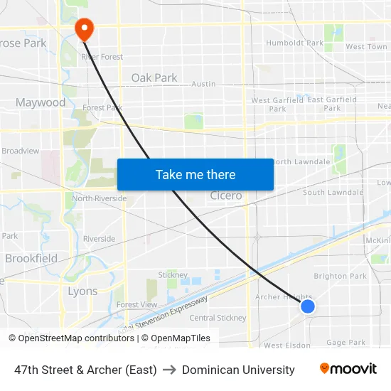 47th Street & Archer (East) to Dominican University map