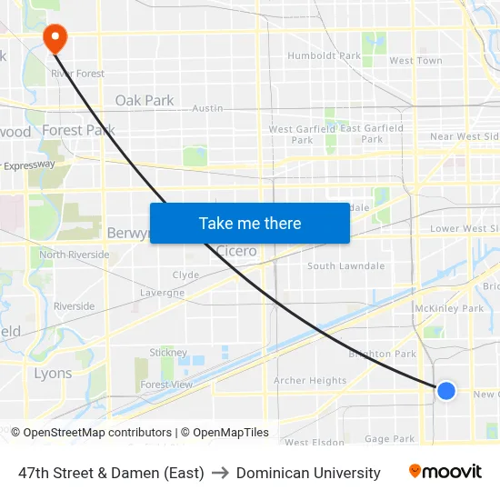 47th Street & Damen (East) to Dominican University map
