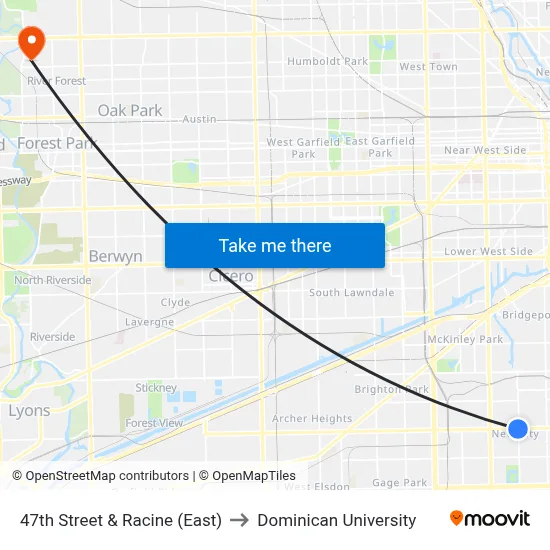 47th Street & Racine (East) to Dominican University map