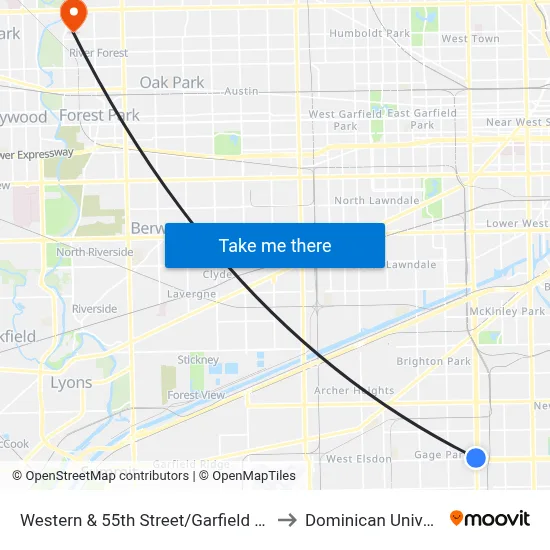 Western & 55th Street/Garfield (South) to Dominican University map