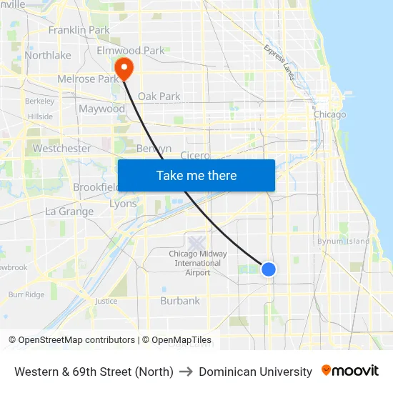 Western & 69th Street (North) to Dominican University map