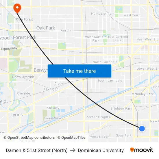 Damen & 51st Street (North) to Dominican University map