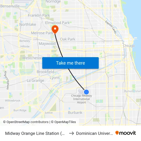 Midway Orange Line Station (West) to Dominican University map