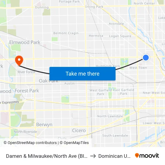 Damen & Milwaukee/North Ave (Blue Line) (North) to Dominican University map