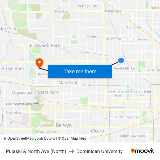 Pulaski & North Ave (North) to Dominican University map
