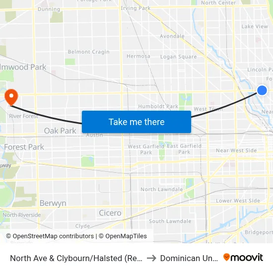 North Ave & Clybourn/Halsted (Red Line) (East) to Dominican University map