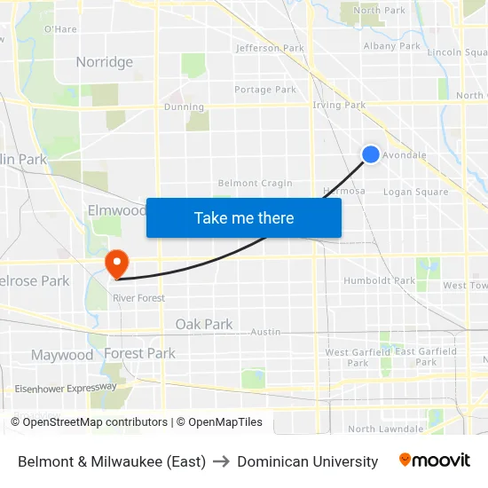 Belmont & Milwaukee (East) to Dominican University map