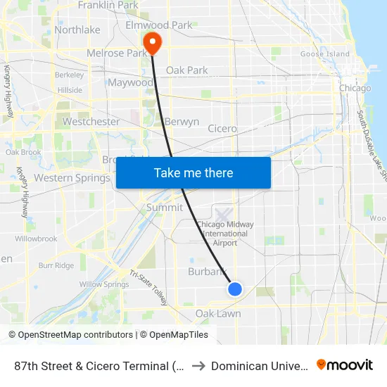87th Street & Cicero Terminal (West) to Dominican University map
