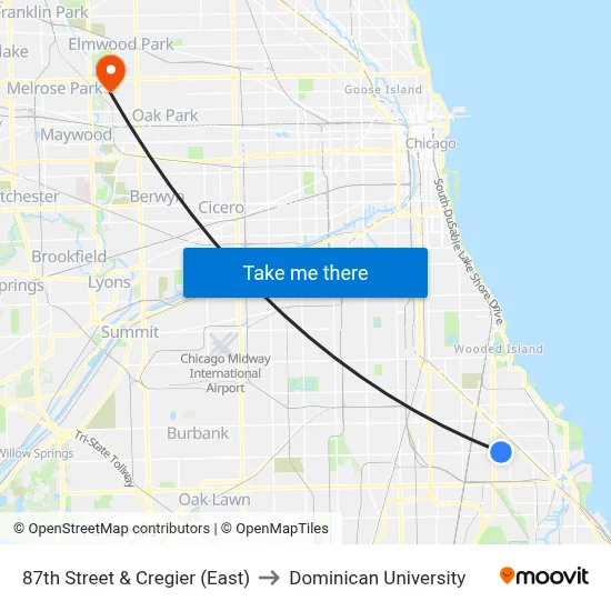 87th Street & Cregier (East) to Dominican University map