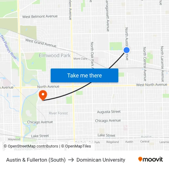 Austin & Fullerton (South) to Dominican University map