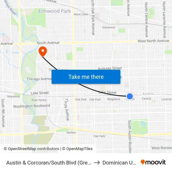 Austin & Corcoran/South Blvd (Green Line) (North) to Dominican University map