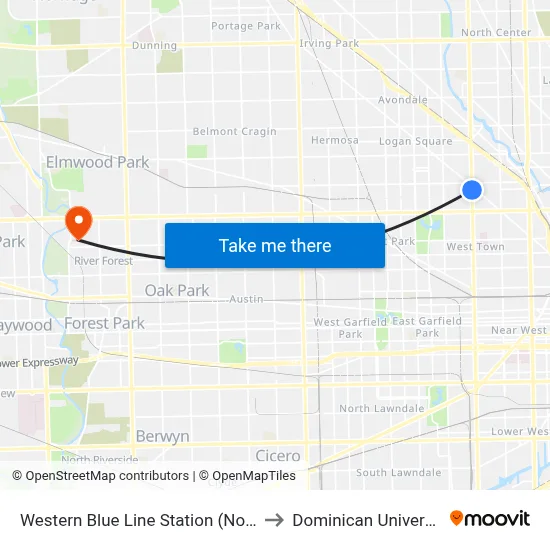 Western Blue Line Station (North) to Dominican University map