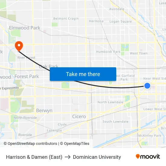 Harrison & Damen (East) to Dominican University map
