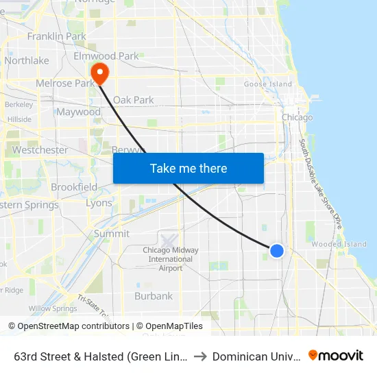 63rd Street & Halsted (Green Line) (East) to Dominican University map
